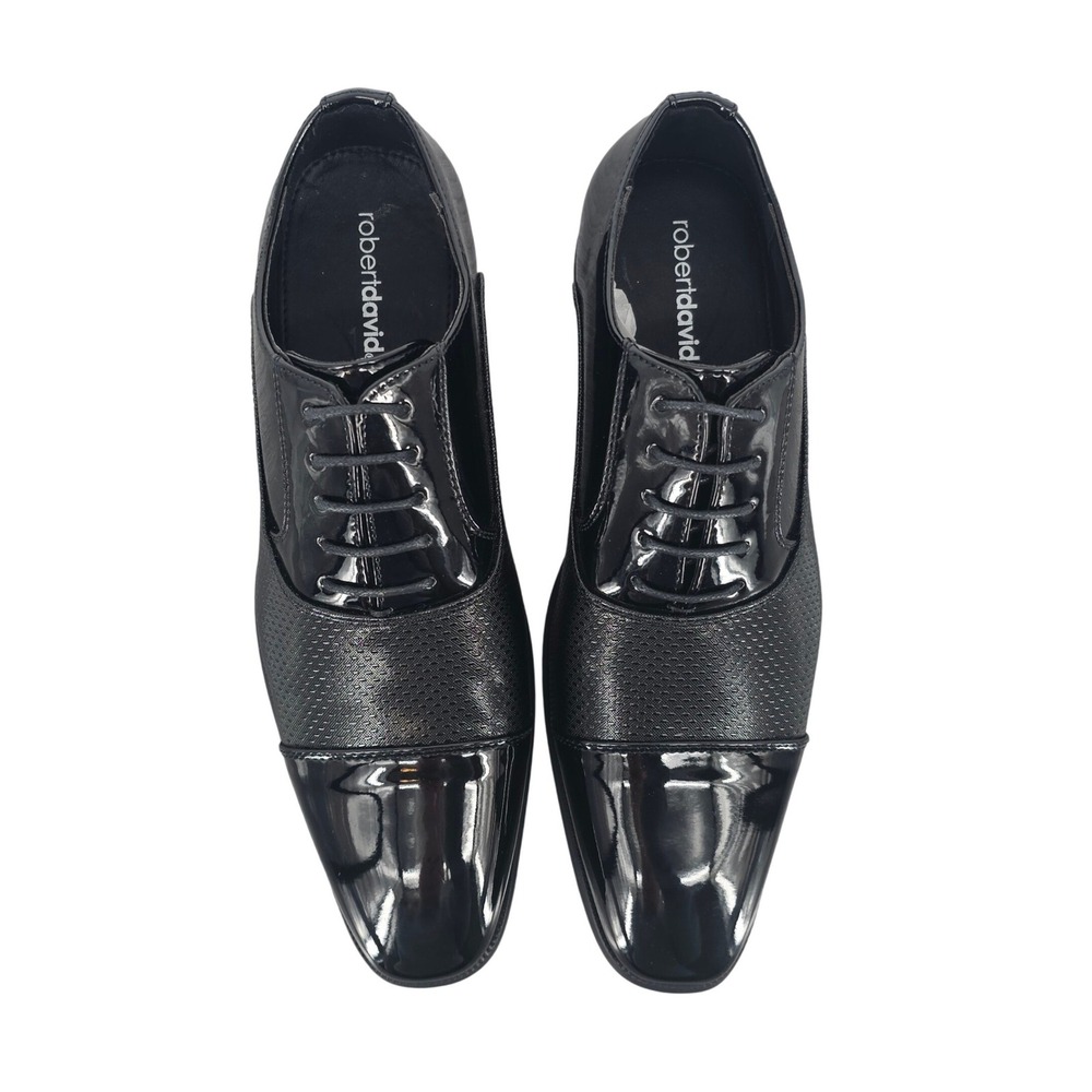 Robert David Mens Black Patent and Textured Cap Toe Oxford Dress Shoes 11 New - Picture 4 of 9
